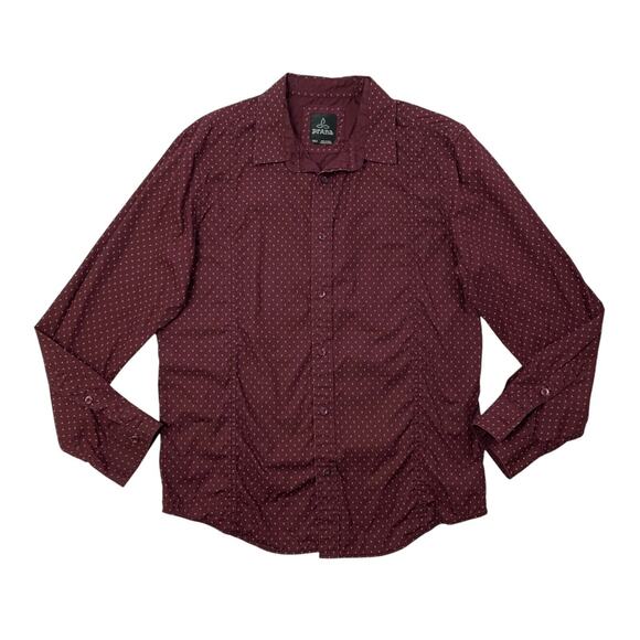 Prana Shirt Mens M Medium Raisin Red White Button Up Long Sleeve Organic Cotton - Picture 1 of 9